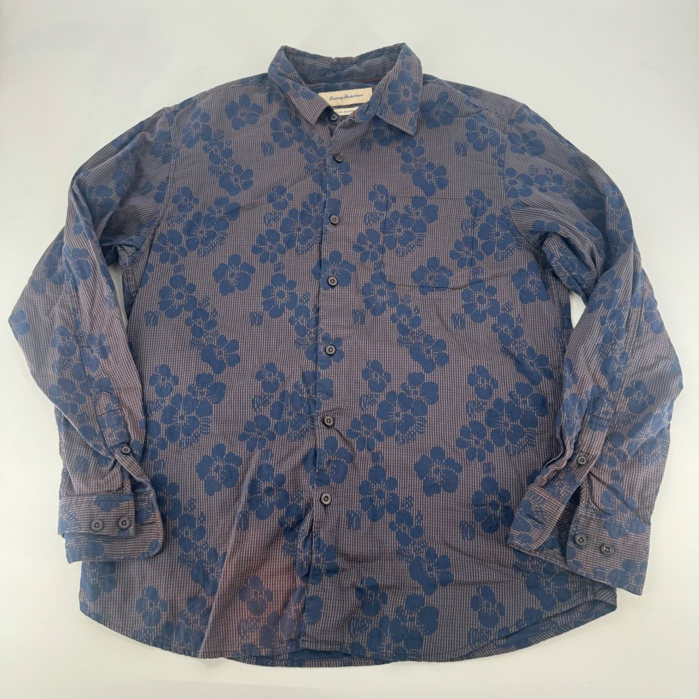 Tommy Bahama Island Modern Fit Shirt Mens Large Blue Floral Striped Cotton L/S